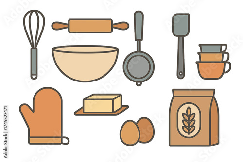 Essential kitchen utensils and raw ingredients for home baking preparation