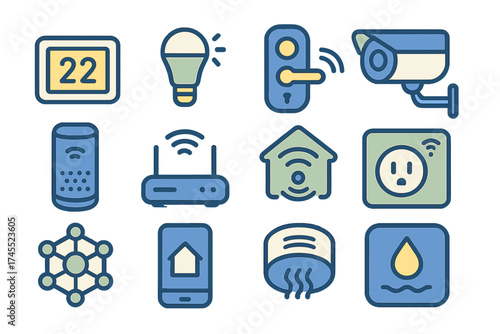 Modern smart home automation icons for security, connectivity, and climate management