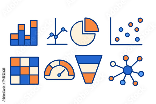 Modern set of data visualization icons including charts, graphs, gauges, and network diagrams for reporting