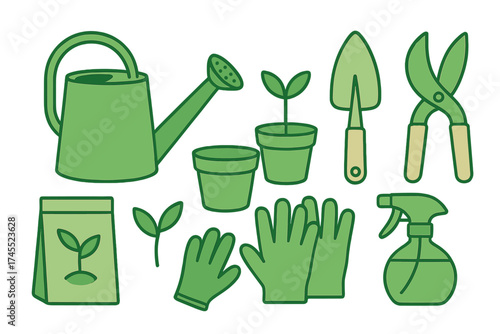 Essential gardening tools and supplies set including watering can, gloves, trowel, and seedlings
