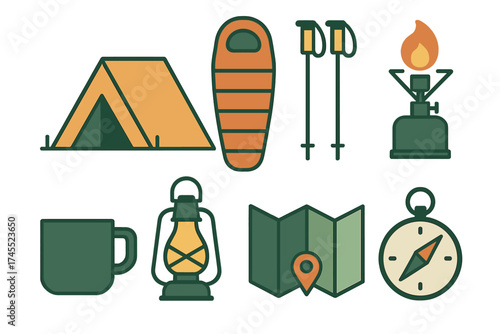Essential outdoor adventure and camping equipment set featuring tent, sleeping bag, map, and compass