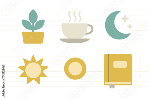 Stylized icons of daily routine elements: hot beverage, houseplant, sun, moon, and journal