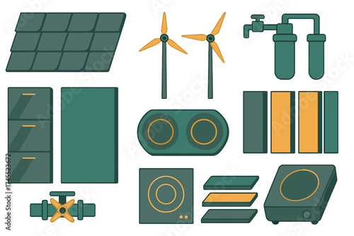 Stylized icons representing sustainable energy sources and smart home technology components