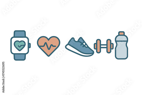 Health and fitness icons set featuring smartwatch, heart rate monitor, running shoe, dumbbell, and water bottle