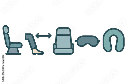 Airplane seating space diagram showing legroom, neck pillow, and sleep mask