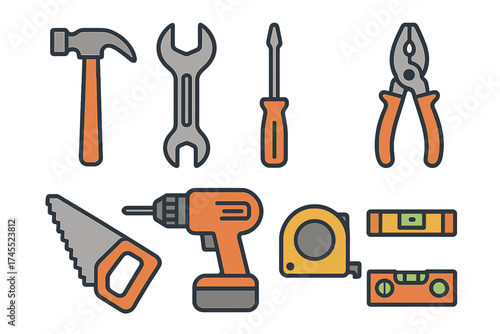 Hammer, wrench, drill, saw, and measuring tape icons for construction and home repair projects