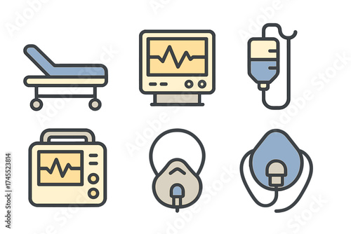 Essential medical and emergency room apparatus including patient monitors, hospital stretcher, IV drip, and oxygen masks
