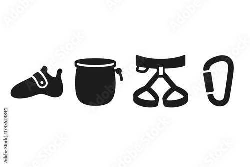 Essential rock climbing equipment symbols including shoe, harness, and carabiner