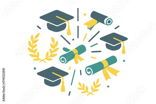 Circular arrangement of academic symbols mortarboards scrolls and laurel wreaths