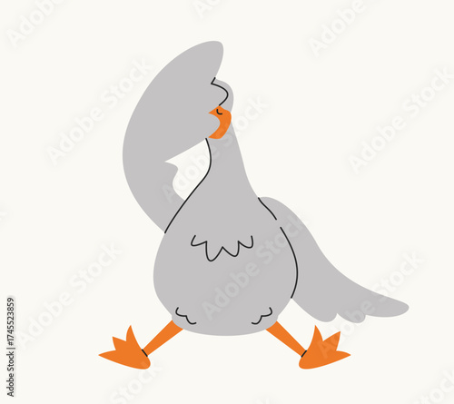 Upset goose sits. Cute bird in linear flat style.