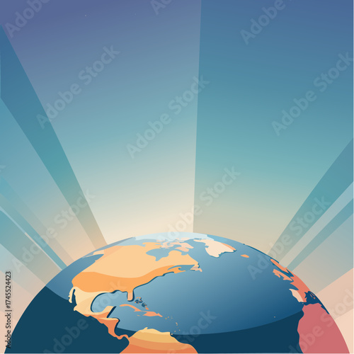 Earth globe with sun rays and continents