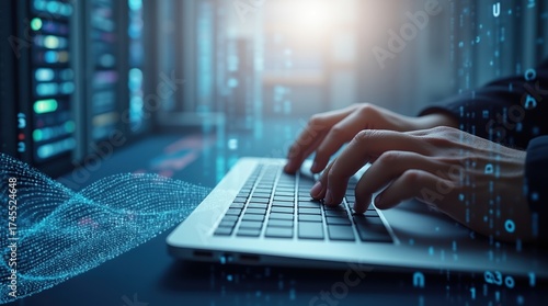 Hands typing on a laptop in a futuristic digital environment