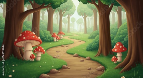 A whimsical forest path with red mushrooms and lush greenery illustration