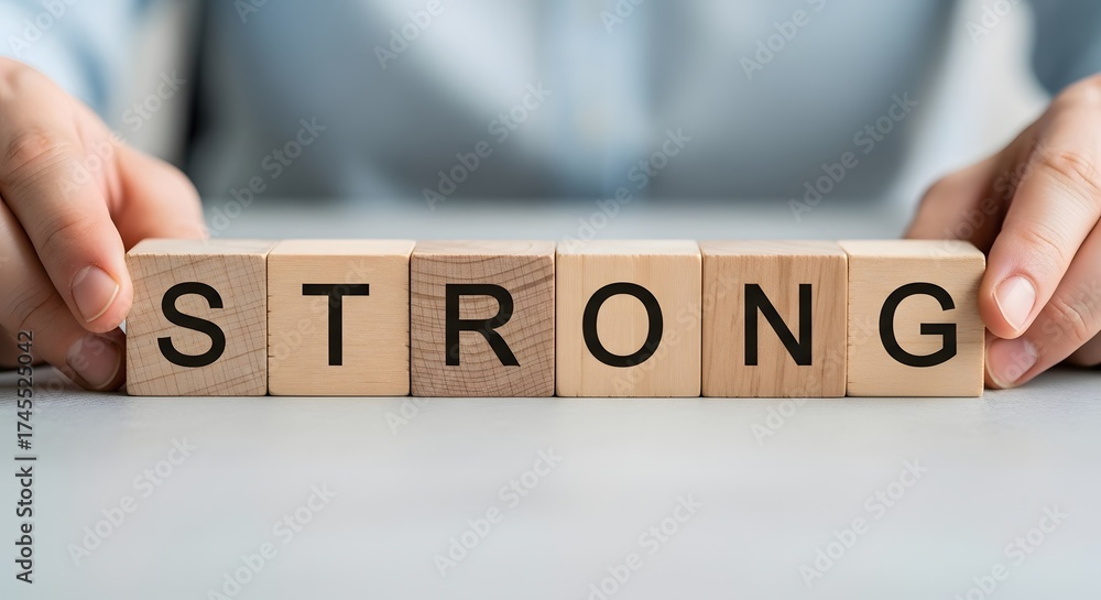 Obraz premium Hands arranging wooden blocks spelling the word strong