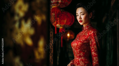 Asian Woman in Traditional Red Dress