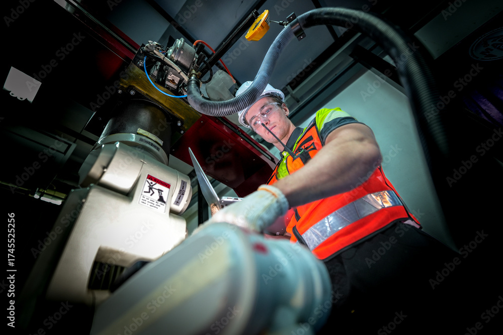 Naklejka premium In an Industry 4.0 smart factory, an engineer uses a tablet to run an AI machine vision algorithm on a collaborative robot cobot, optimizing production via a real time digital twin.