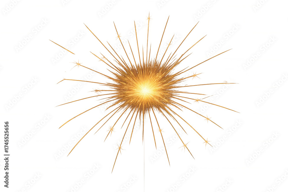 Obraz premium Sparkler explosion effect creating glowing golden particles burst and light rays, transparent background