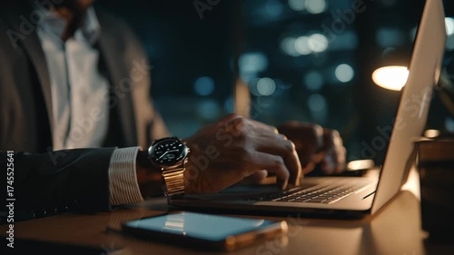 Business Professional Engaged in Digital Work Late at Night in Modern Urban Office