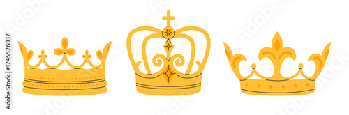 Crowns set. Golden royal jewels headdress. Symbol of king, queen, prince and princess. Aristocratic, coronation, monarchy concept. Hand drawn flat vector illustration on white background