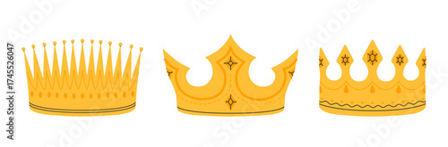 Crowns set. Golden royal jewels headdress. Symbol of king, queen, prince and princess. Aristocratic, coronation, monarchy concept. Hand drawn flat vector illustration on white background
