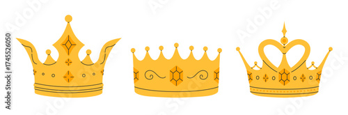 Crowns set. Golden royal jewels headdress. Symbol of king, queen, prince and princess. Aristocratic, coronation, monarchy concept. Hand drawn flat vector illustration on white background