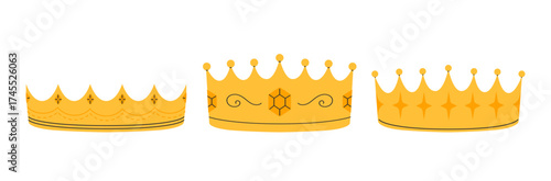 Crowns set. Golden royal jewels headdress. Symbol of king, queen, prince and princess. Aristocratic, coronation, monarchy concept. Hand drawn flat vector illustration on white background