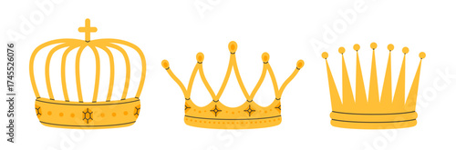 Crowns set. Golden royal jewels headdress. Symbol of king, queen, prince and princess. Aristocratic, coronation, monarchy concept. Hand drawn flat vector illustration on white background