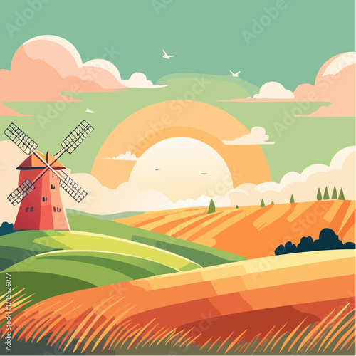 Windmill in field with sunset and clouds