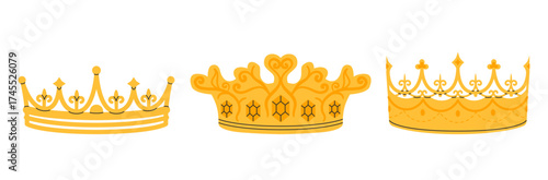 Crowns set. Golden royal jewels headdress. Symbol of king, queen, prince and princess. Aristocratic, coronation, monarchy concept. Hand drawn flat vector illustration on white background