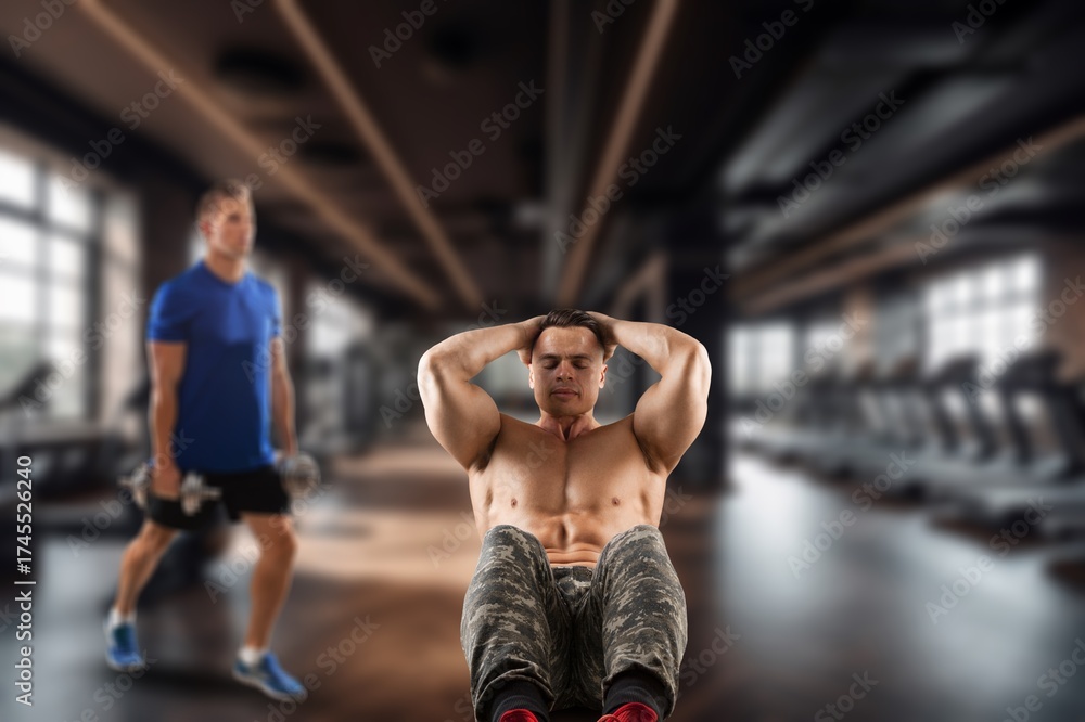 Naklejka premium Handsome young sporty muscular man training in gym