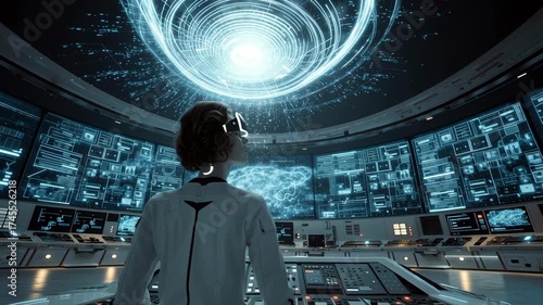 Futuristic Control Room with Advanced Technology and Interactive Data Displays in Space
