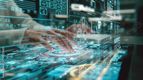 Hands Typing on a Transparent Digital Interface with Advanced Data Visualization Display