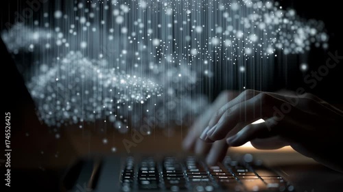 Hands Typing on Keyboard with Dreamy Data Cloud of Particles and Light in a Dark Environment