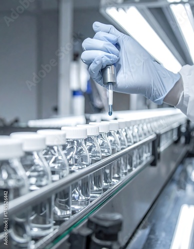 Pharmaceutical worker filling vials on a production line