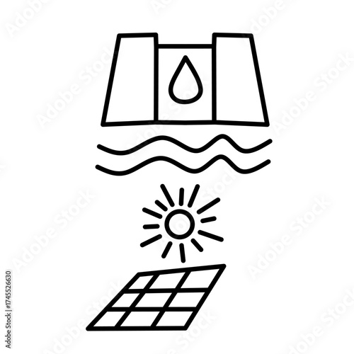 Green energy icons of solar panel and hydro dam