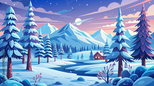Winter landscape with snow and fir trees as vintage christmas wallpaper