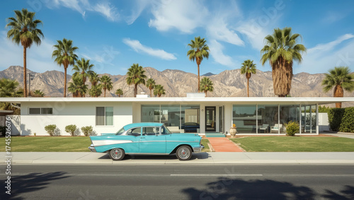 Turquoise 1957 Chevrolet Bel Air Parked in Front of a Modern Palm Springs Home