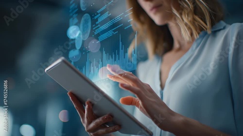 Woman Interacting with Digital Data Display on Tablet in Modern Office Environment