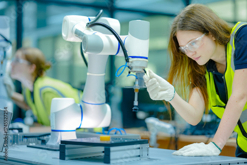 Cuadro en lienzo Two technicians program a collaborative robot cobot for a precise pick-and-place task, working safely alongside the machine to optimize its movements and end-effector grip