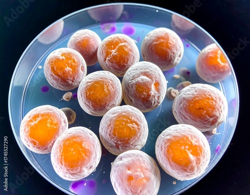 Round, orange-toned cells in petri dish