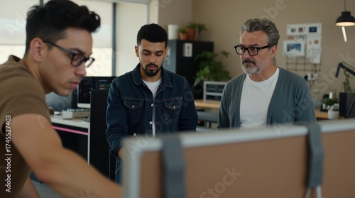 Diverse team collaborating on a project in a modern office setting