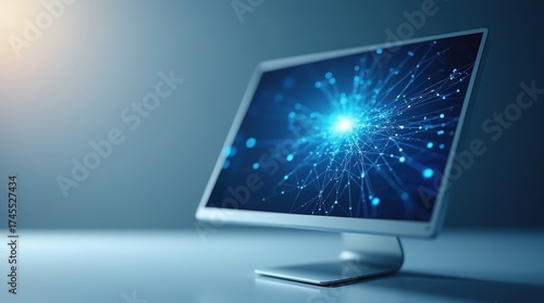 Modern computer monitor displaying futuristic blue digital network