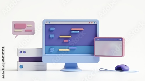Modern 3d computer setup with digital elements
