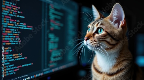 Curious bengal cat gazes at computer screen displaying code