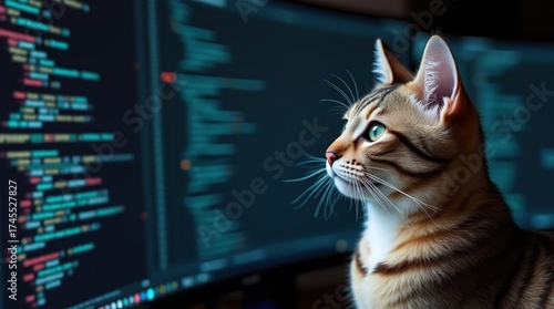Bengal cat staring intently at a computer screen displaying code