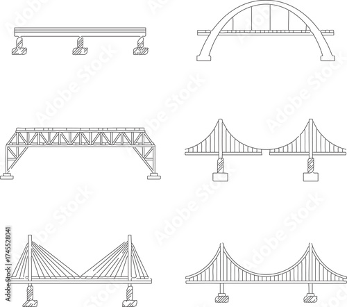 Bridge types icons from truss to arch and suspension