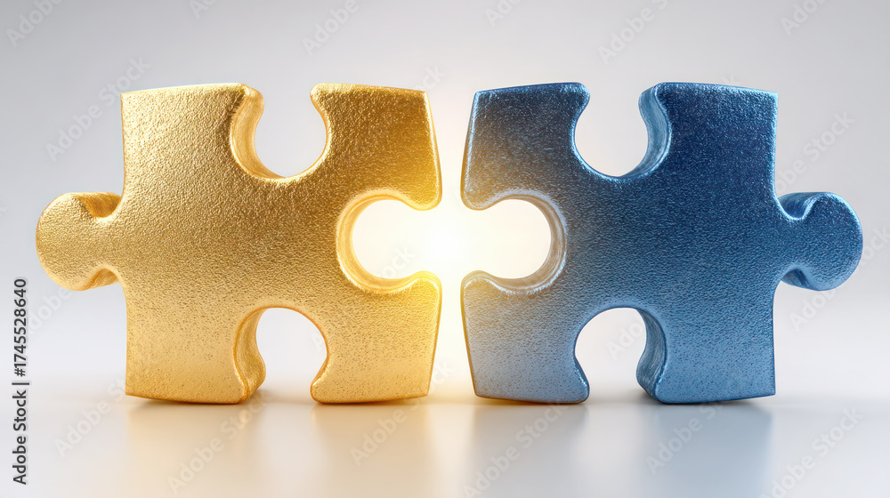 Fototapeta premium Golden and blue puzzle pieces connecting together, symbolizing partnership, unity, and collaborative problem solving in a creative context