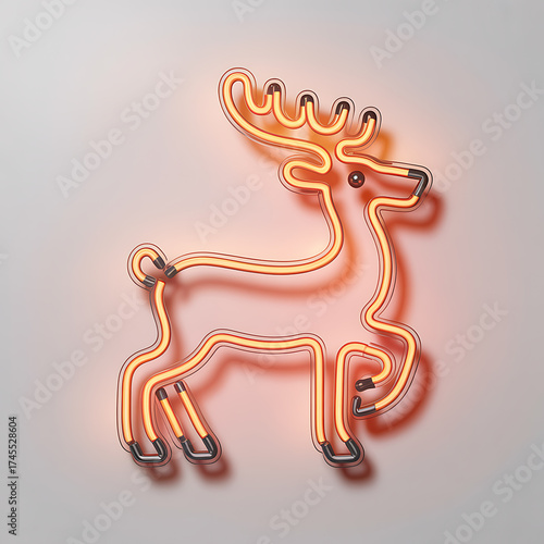 Glowing amber neon reindeer icon symbol on a light gradient background festive