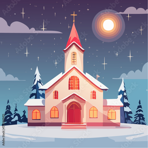 Snowy church in winter landscape with full moon