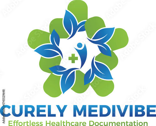 Healthcare Documentation Logo, Medical Cross, and Organic Leaves in Floral Pattern Vector, Holistic Wellness Technology Symbol, Blue and Green Abstract Design Representing Natural Health 